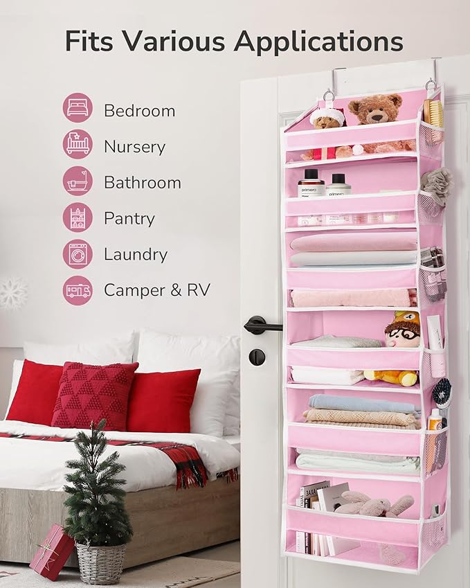 ULG Over The Door Organizer with 6 Large Pockets 12 Side Pockets, 50lbs Weight Capacity Door Hanging Storage Organizer for Bedroom, Bathroom, Pantry, Nursery Storage, Pink