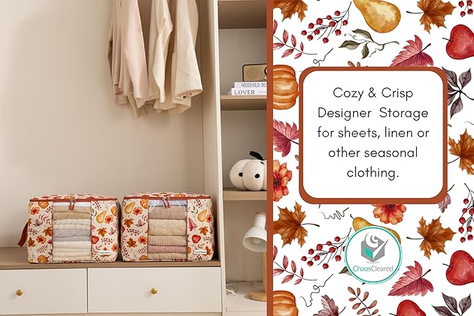 Canvas Storage Bags Designer Organizer 2 Pack – Seasonal Storage for Sweaters, Blankets, Linens & Garments – Foldable Design with Zip & Window, Moth-Proof Space Saver, Autumn Print
