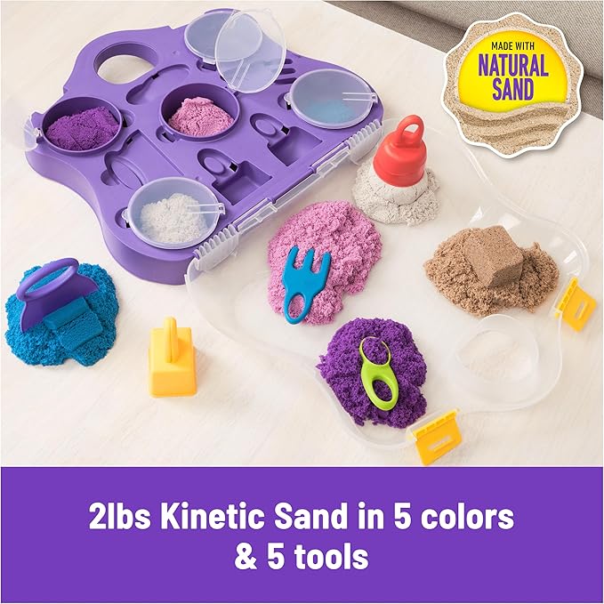 Kinetic Sand, Variety Case with 2lbs Play Sand (Beach, Neon & Shimmer) & 5 Tools, Reusable Storage, Sensory Toys for Kids Ages 3 and up