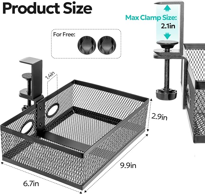 Under Desk Drawer Organizer Clamp On - 360° Swivel Metal Mesh Storage Basket, Hidden Rotating Desktop Tray for Standing Desk, Office Supplies & Gaming (No Drill, Black)