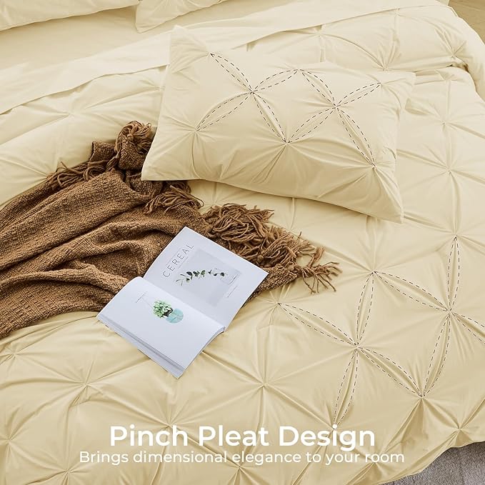 Sasttie Full Size Comforter Set, 7-Piece Bed in a Bag, Pintuck Bedding Set for All Season, Includes Comforter, Flat Sheet, Fitted Sheet, Pillowcases and Pillowshams, Pale Yellow