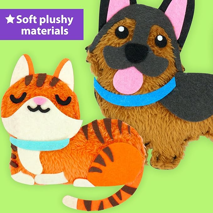 KRAFUN Easy Sewing Kit for Beginner Kids Arts & Crafts, 8 Easy DIY Projects of Stuffed Animal Dolls of Puppies & Kittens, Dogs and Cats, Instructions & Felt, Gift for Girls, Boys, Learn to Sew
