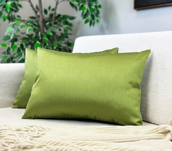 Aiking Home 12x18 Inches Faux Silk Rectangular Throw Pillow Cover, Zipper Closure, Green (Set of 2)