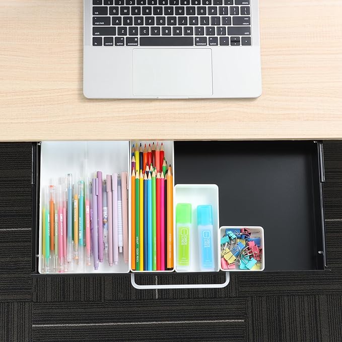 OSteed Under Desk Drawer Black 21" with 4 Divider Trays, Under Shelf Pencil Drawer Pull-out, Standing Desk Metal Storage Attachment Slide Out for Workbench