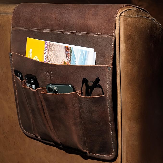 Hide & Drink, Magazine Holder for Sofa Armrest, Organizer Pouch, Armchair Caddy, Full Grain Leather, Handmade (Bourbon Brown)