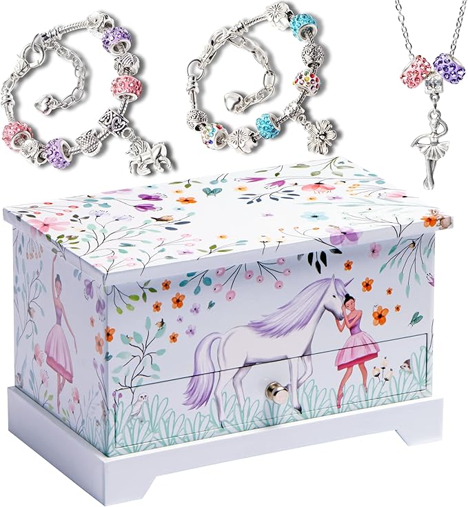 ABI + OLIE Jewelry Box for Girls & Little Girls Jewelry Box - Unicorn Kids Jewelry Box - Girls Music Box - Musical Girls Jewelry Box Organizer