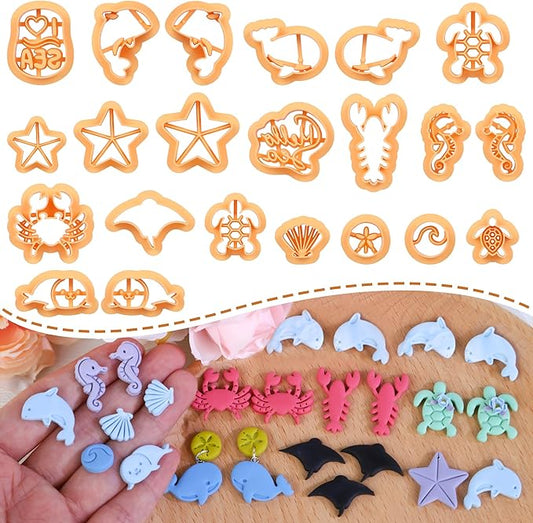 Puocaon Ocean Animal Clay Cutters - 22 Pcs Clay Cutters for Polymer Clay Jewelry, Dolphin Starfish Polymer Clay Earring Cutters, Turtle Seashell Clay Cutters for Earrings, Lobster Clay Cutters