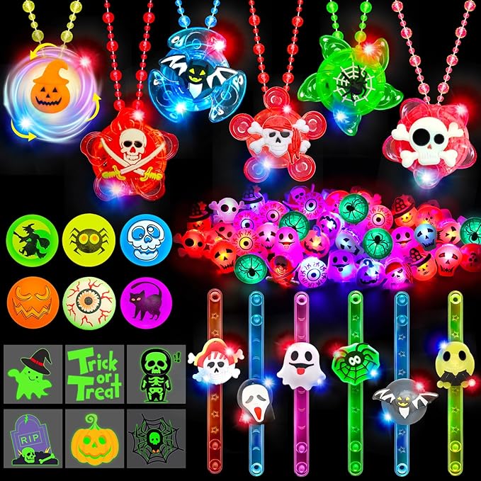 84Pcs Halloween Party Favors for Kids, Glow in The Dark Halloween Toys Bulk Light Up Rings Necklaces Bracelet Halloween Goodie Bag Fillers Stuffers Halloween Treats for Classroom Prizes Trick or Treat