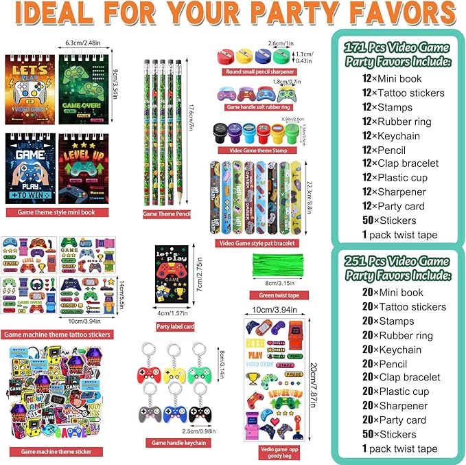 251 Pcs Video Game Party Favors Set Includes Gift Bags Pencils Notebook Sharpener Slap Bracelets Rings Keychains Tattoo Gaming Stickers Stamper Gamer Party Favors for Kids Gamer Birthday