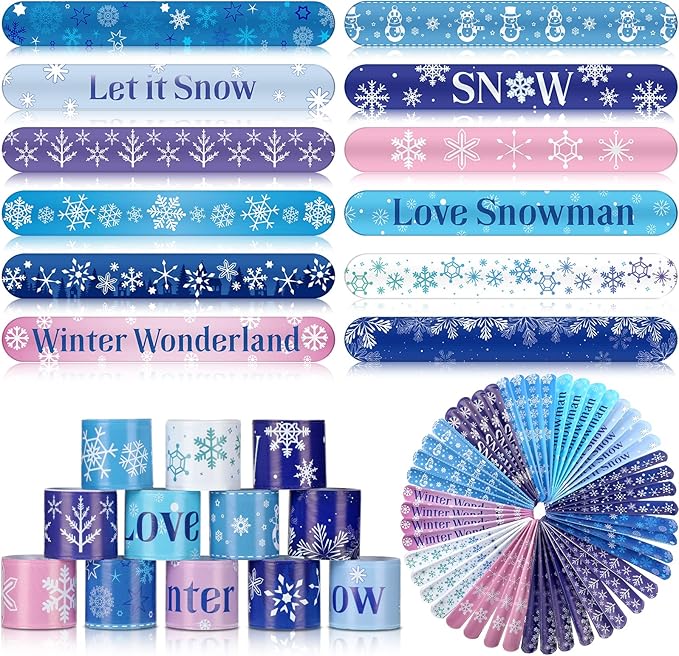 48 Pieces Snowflake Slap Bracelet Winter Theme Snowman Snap Bracelet Kids Party Favors Classroom Prizes Kids Bracelet Slap Bracelets Wristbands for Kids Children Winter Party, 12 Styles (Snowflake)
