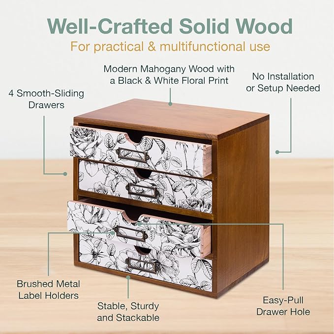 Vintage Desk Organizer with 4 Black & White Floral Drawers - Wooden Storage Shelf Drawer for Tabletop - Wood Desktop Organizing Box Cabinet - Black & White Monochrome Botanical Toile de Jouy