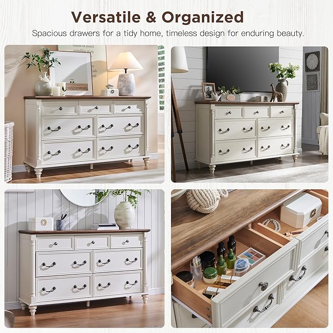T4TREAM Farmhouse 7 Drawers Dresser Chests for Bedroom with 4 Solid Wood Feet, Tall Wide Wood Country Rustic Chest of Drawers, Storage Dressers for Bedroom, Living Room, Antique White