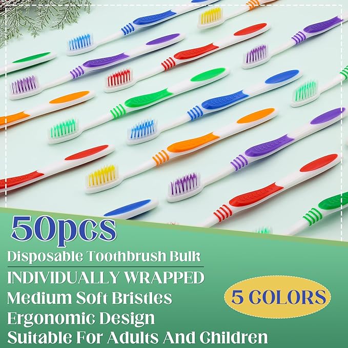 50 Pcs Toothbrush Bulk Disposable, Travel Toothbrushes Pack, Soft Bristle Individually Wrapped and Good Cleaning for Kids, Adult and The Elderly. Suitable for Hotel, Travel, Home, Donated