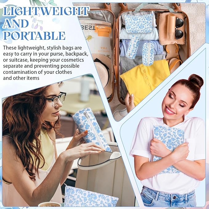 Huhumy 3 Pcs Makeup Bag Set for Women Corduroy Cosmetic Pouch Aesthetic Smile Travel Toiletry Bag Cute Purse Pouch Pencil Case Makeup Brushes Storage Organizer for Valentine(Blue,Flower)