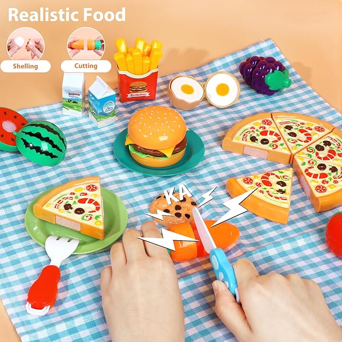 Kids Picnic Basket, Toy Food for Toddlers 1-3, Play Food Sets for Kids Kitchen Role Playset with Carry Case Fake Food Fruit Play Kitchen Accessories, Birthday for Toddler Girls Boys