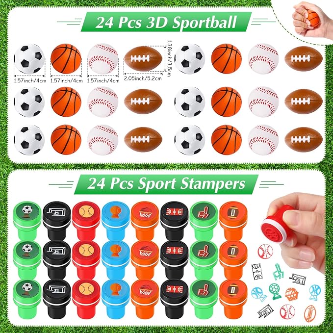 Aoriher 120 Pcs Sport Balls Party Favors Set Serve 24, Basketball Football Soccer Goodie Foam Finger Mini Stress Ball Slap Bracelet Charm Bracelet Stamp for Kids Party Supplies (Sports Ball)
