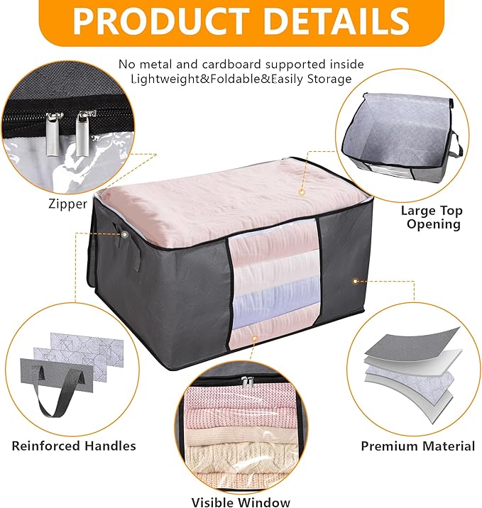10 Pack Clothes Storage Bags, 90L Large Blanket Storage Bag Comforter Storage Bin with Reinforced Handle and Lid Foldable Closet Organizer and Storage Containers for Bedding Pillows Sheets and Duvet