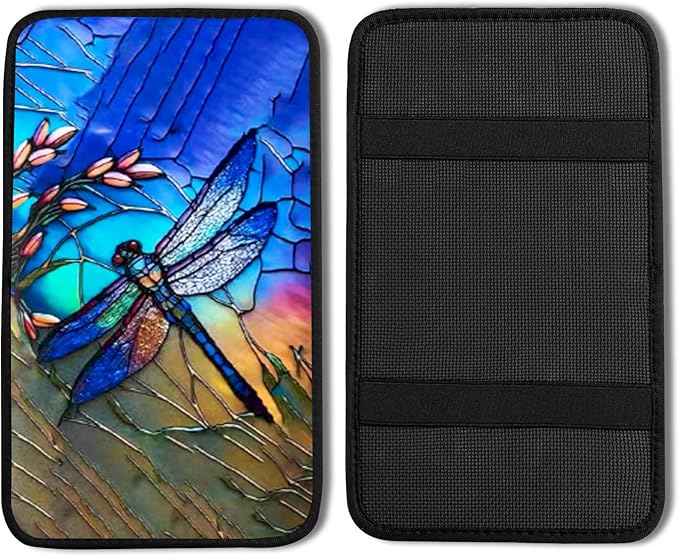 Dragonfly Vehicle Center Console Armrest Cover Pad,Dragonfly Car Accessories Soft Middle Console Cushion Pad,Auto Arm Rest Mat Decor Dragonflys Gifts for Women Men Dad for Most Vehicle SUV Truck