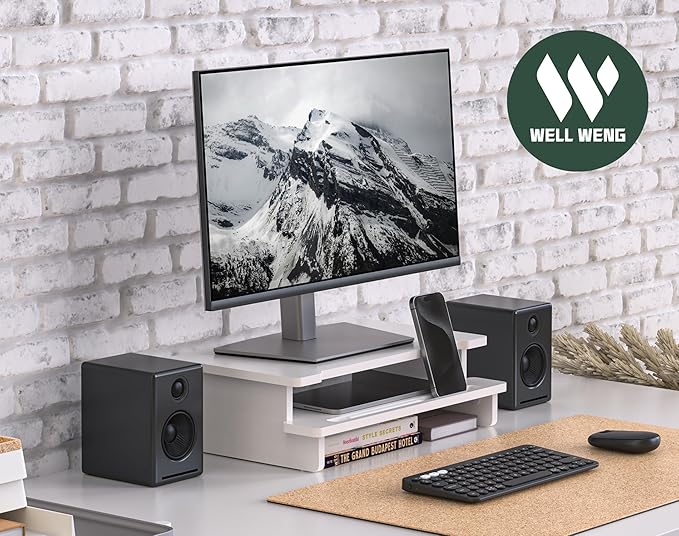 WELL WENG Monitor Stand Monitor Stand Riser for Desk,Wood Desk Shelf Storage Organizer with Phone Tablet Holder (16.5 Inch, White)