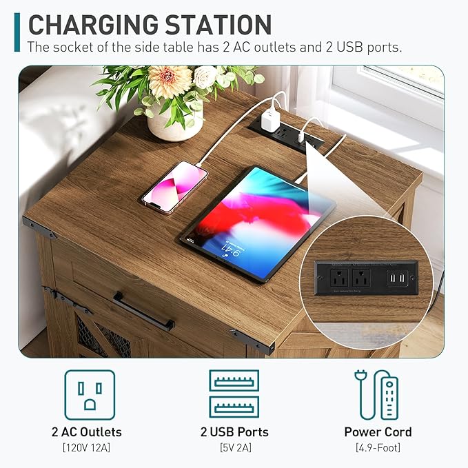 Walnut Farmhouse End Table with Charging Station, 24" Large Sofa Side Table with Drawer, Large End Table for Living Room, Wooden Nightstand with Outlet, Square, Walnut