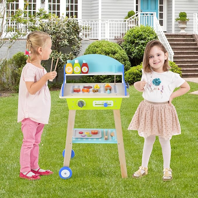 Costzon Kids Barbecue Grill Playset, Wooden Pretend Cooking Truck with 21 Play Food & Barbecue Accessories, Role Play BBQ Toy Set, Interactive Little Chef Cooking Play Stand for Girls & Boys Age 3+