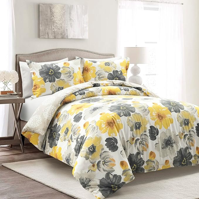 Lush Decor Leah Reversible 100% Cotton Duvet Cover Set, 3 Piece Set, Full/ Queen, Yellow & Gray - Queen Bedding Set - Yellow Duvet Cover - Country Floral Decor