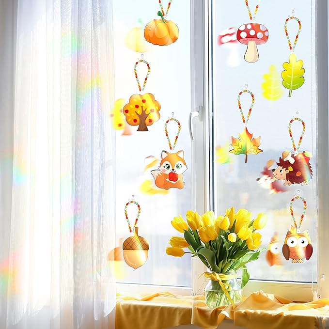 30 Set Thanksgiving Window Art Suncatchers Kits Autumn Pumpkin Maple Leaves DIY Suncatchers Craft Kits Make Your Own Suncatcher Paint Suncatchers Ornaments for Kids Thanksgiving Art Craft