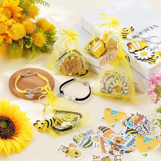 130 Pcs Bee Party Favors Including Bee Keychains Adjustable Bee Bracelets PVC Bee Print Stickers Thank You Kraft Tags Organza Bags for Birthday Summer Party Wedding School Reward