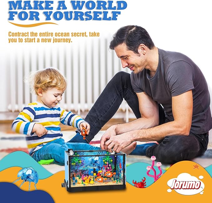 Fish Tank Building Block, Lighting Aquarium Building Sets for Adults and Kids Including Ocean Jellyfish, Dolphin, Turtle, Crab, Animal Building Toys for Boys Age 8-12, 725pcs