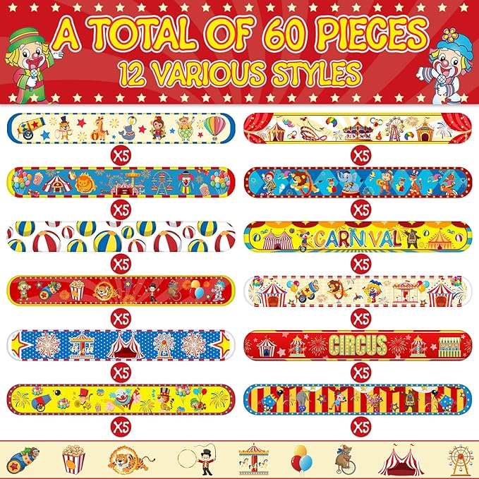 Carnival Party Favors 60 PCS Circus Carnival Clown Animal Slap Bracelets Wristbands for Kids Carnival Theme Birthday Party Decorations Supplies Baby Shower Classroom Rewards Gifts