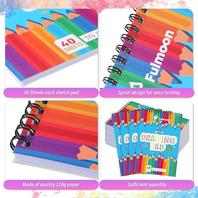 Fulmoon 12 Pack Drawing Pad for Kids Sketch Pads 40 Sheets Top Spiral Drawing Books Bulk 6 x 9 Inch Children Coloring Paper for Crayons Pencils School Kid Painting Party Art Supplies