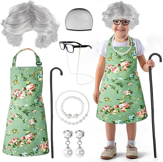 Kyson Girls Old Lady Costume for Kids 9 Pcs 100th Days of School Granny Wig Apron Outfit Halloween Dress Up Accessories