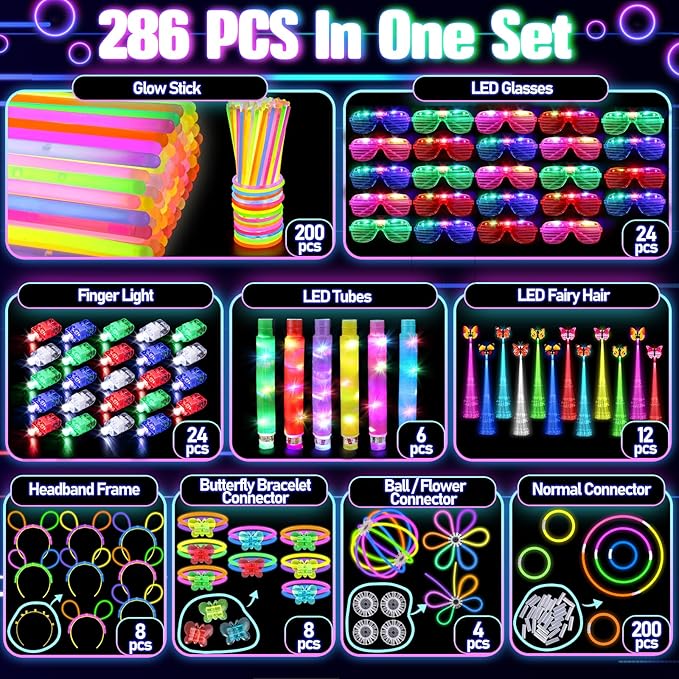 286PCS Glow in the Dark Party Supplies for Kids Adult, Light Up Party Favors with Light Up Glasses, Tubes, Hair Clips, Glow Sticks Bulk Party Pack DIY Glow Necklaces Bracelets Headband for Neon Party