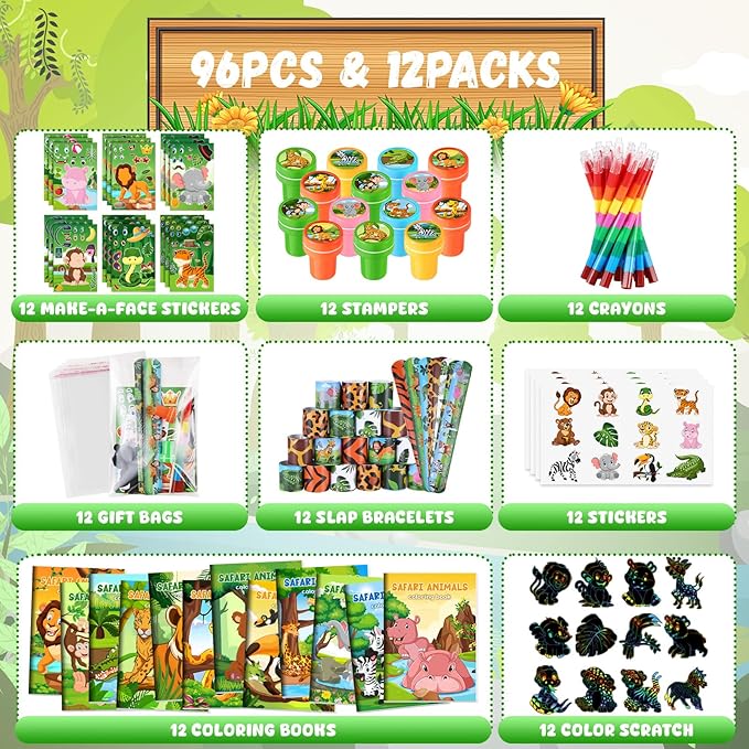 BenLouis 96Pcs Jungle Safari Party Favors Zoo Animals Coloring Books Crayons Sticker Stampers Slap Bracelets Set Bulk Classroom Prizes for Kids Wild One Party Baby Shower Goodie Bags Fillers