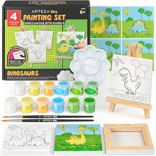 ARTEZA Kids Dinosaur Painting Kit, 4 Canvases 3 x 3 Inches, 4 Easels, 12 Acrylic Paints, 2 Paint Brushes, 1 Palette, Kids Activities for Ages 6 and Up