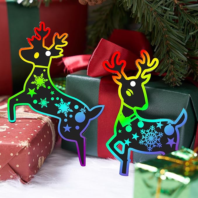 JOYIN 48 Pcs Christmas Scratch Art Ornaments, Scratch Paper Craft Kit Include Snowman, Snowflakes, Christmas Tree, and Reindeer, Rainbow Color Scratch Off Hanging Ornament for Kids Party Favors