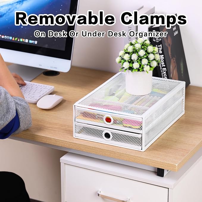 ROSYLINE Under Desk & Desktop Drawer Organizer - 2-Tier Metal Slide Out Drawers Organizer, Storage for Home Office Desk (White)