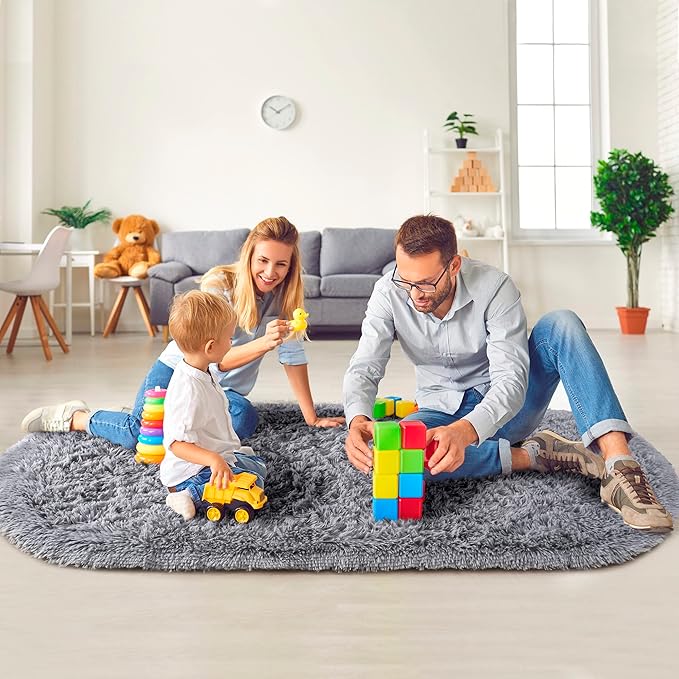 Noahas Fluffy Grey Rugs for Bedroom Living Room,2.6'X5.3' Oval Throw Rug for Kids Room,Shag Hallway Runner Rug,Small Soft Shaggy Bedside Non-Slip Plush Nursery Dorm Carpet Home Decor Aesthetic
