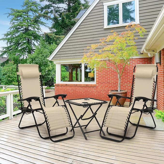 Athena Collection Zero Gravity Outdoor Lounge Chair Set of 2 with Side Table, 25" Width Pool Lounge Lawn Chairs Reclining with Cup Holder, Outdoor Chaise for Beach Patio Backyard Outside, Beige