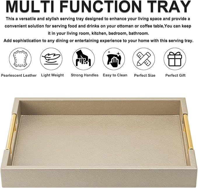Champagne Faux Leather Serving Tray with Handles,17x12 inches, Large Decorative Tray for Ottoman Coffee Table Decor Living Room, Kitchen, Bathroom
