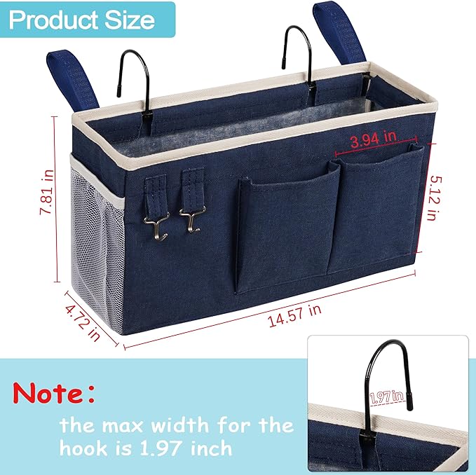 Loghot Bedside Caddy/Bedside Storage Bag Hanging Organizer for Bunk and Hospital Beds,Dorm Rooms Bed Rails,Can be Placed Glasses,Books,Mobile Phones,Keys (2pc Navy Blue)