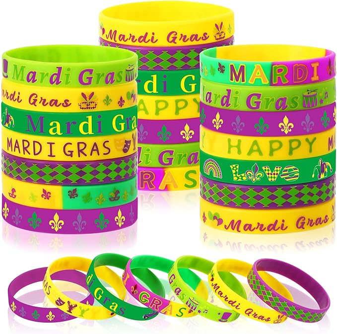 JUNEBRUSHS Mardi Gras Party Favors, 42Pcs Mardi Gras Silicone Rubber Wristbands Bracelets for Mardi Gras Carnival Birthday Party Supplies Decorations Goodie Bag Stuff Fillers
