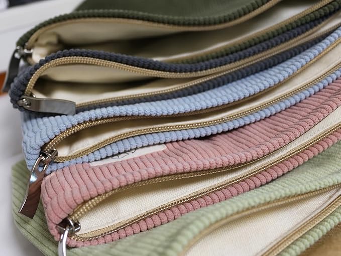 HAPPYHEIDI Navy Green Corduroy Makeup Bag Cosmetic Toiletry Travel Pouch, Make Up Accessory Purse Organizer, Canvas Lined