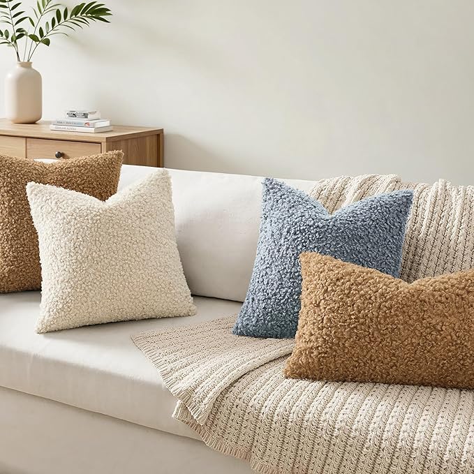 Woaboy Faux Fur Throw Pillow Covers 18x18 Inch Set of 2 Boucle Neutral Decorative Sherpa Fuzzy Accent Soft Sheepskin Fleece Cushions Modern Home Decor for Sofa Bedroom Living Room,Coastal Dusty Blue