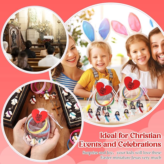 Bememo 150 Pcs Jesus Toys 50 Jesus Loves You Rubber Bracelets 50 Mini Jesus Figures 50 Organza Bag and Card Jesus Wristbands Bracelets for Sunday School Church Hide Game Religious Gift