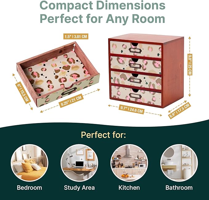 Leopard Print Wooden Desk Organizer - Animal Pattern 4-Drawer Desktop Storage - Modern & Rustic Wood Cabinet for Office Supplies, Craft Tools, & Home Organization - Artistic Drawer Unit
