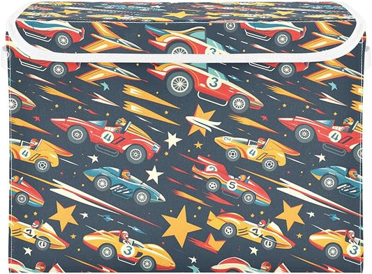 senya Large Storage Bins with Linen Collapsible Foldable Storage Cubes Fabric Closet Organizer Containers box with Flip-Top Lid for Home Bedroom Office 16.7 x 12.6 x 11.8in (Racing Car)