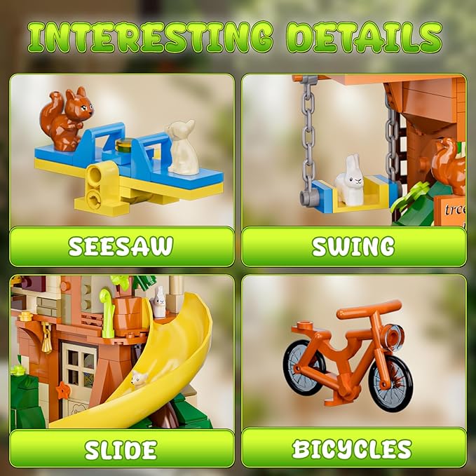 Treehouse Building Blocks Set, Natural Eco Cozy Cottage Educational Toy, Tree House Architecture Sets with Animals, Slide, Swing, Seesaw, Bicycle, Gifts for Kids, Girls and Boys Ages 8 Plus