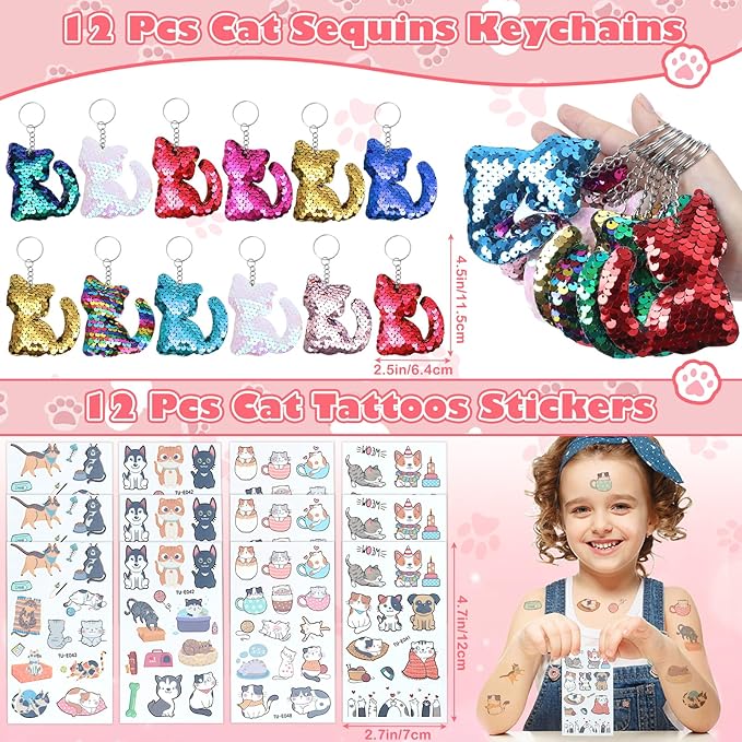 Cat Party Favors Birthday Supplies for Girls Sequin Headband Squishy Toy Keychain Tattoo Sticker Stamper Slap Bracelet Cat Sticker Goodie Bag Stuffer Kids Cat Birthday Party Supplies Decorations
