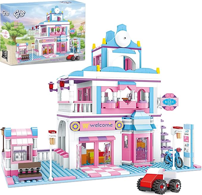 BRICK STORY Dream Girls Friends Shopping Mall Building Set 808 Pieces, with Supermarket and Restaurant Building Playset, 4 Mini Toy Figures, Girls Friends House Building Toys for Kids Age 6-12 8-14